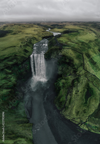 Photography Skogafoss waterfall from aerial view