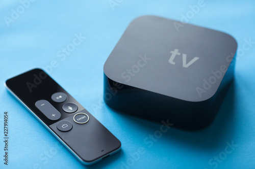 Remote control devices concept. Set of controller and micro console for TV watching and online streaming. Top view. Space for a text. Close up.