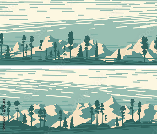 Set of horizontal banners with snowy forest mountains.