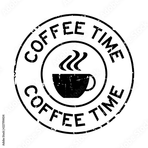 Grunge black coffee time word with cup icon round rubber seal stamp on white background