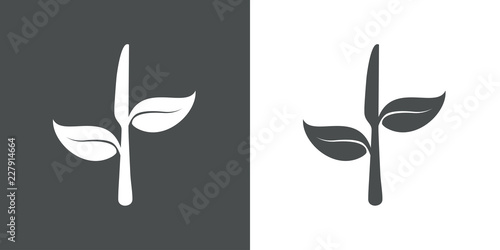 Logotipo cuchillo con hojas en gris y blanco