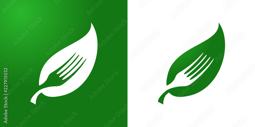 Logotipo hoja con tenedor espacio negativo en verde y blanco Logotipo hoja con tenedor espacio negativo en verde y blanco
