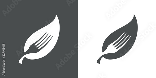 Logotipo hoja con tenedor espacio negativo en gris y blanco