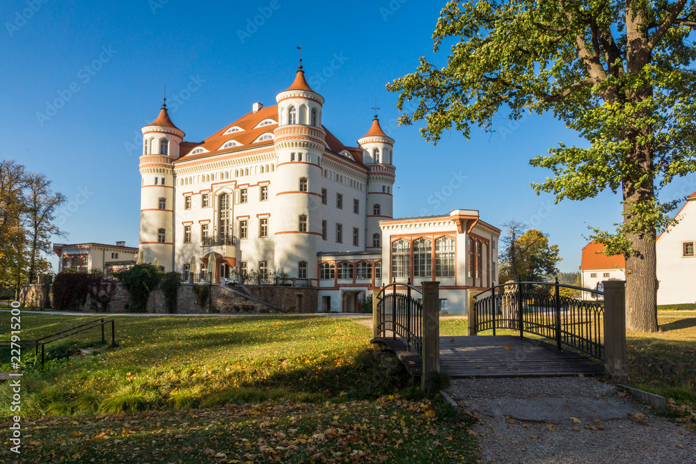 Beautiful palace in Wojanow village at autumn, Silesia, Poland