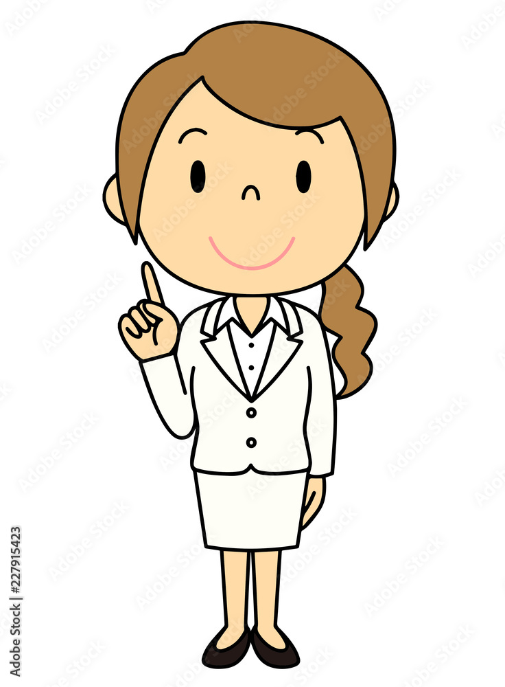 女性　OL　事務員　ご案内　人差し指をさす　立ち姿　白色のスーツ
