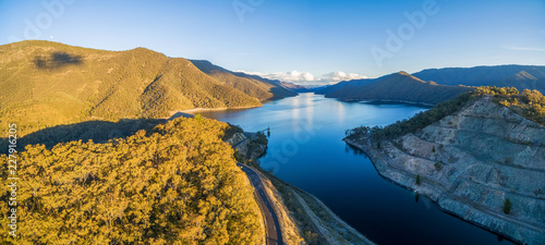 Aerial view of Talbingo reservoir and beautiful hills at sunset. NSW, Australia photo