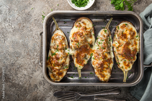 stuffed eggplant with meat, vegetable and cheese