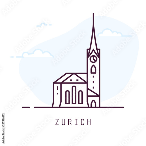 Zurich city line style illustration. Famous Fraumunster in Zurich, Switzerland. Swiss architecture city symbol of Switzerland. Outline building vector illustration. Travel and tourism banner.