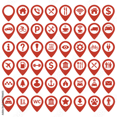 Map pin location icons set on white background.