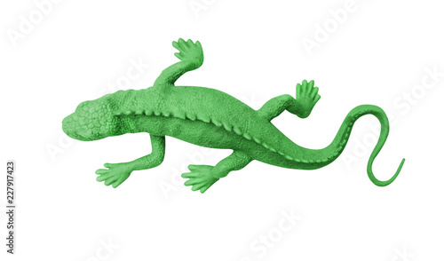 Top view green rubber gecko isolated on white background with clipping path