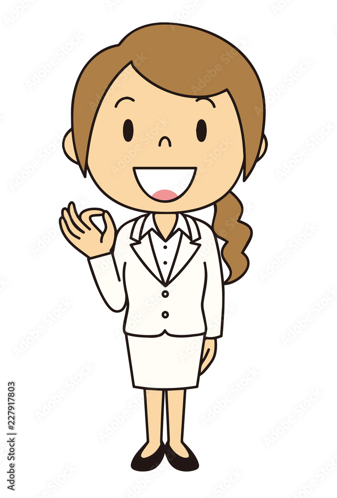女性　OL　事務員　OKポーズ　立ち姿　白のスーツ