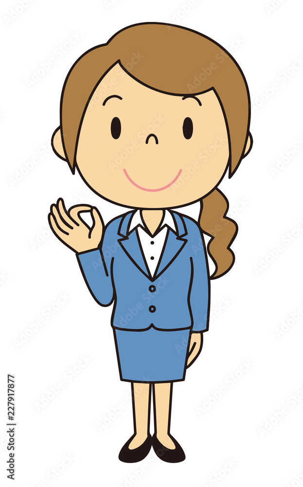 女性　OL　事務員　OKポーズ　立ち姿　紺色のスーツ