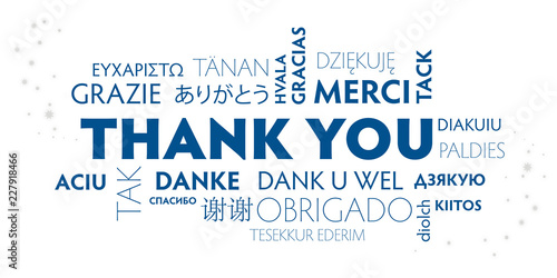 Thank You mehrsprachig - blauer Text auf weißem Hintergrund