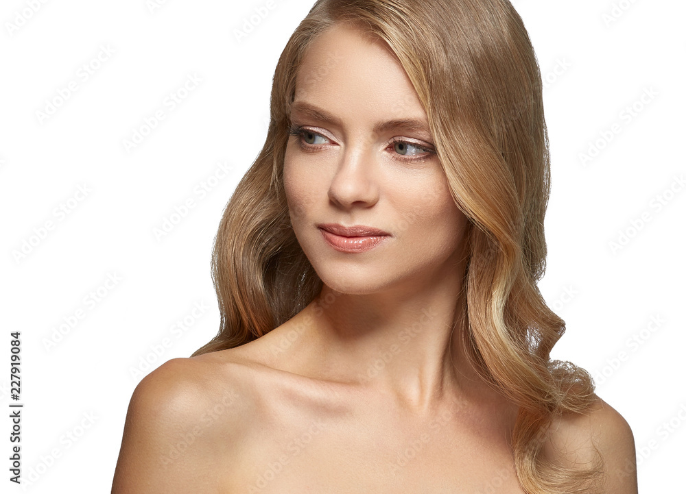 Beautiful blonde girl portrait, woman face with perfect curly hairstyle. Beautiful blonde girl portrait, woman face with perfect curly hairstyle.