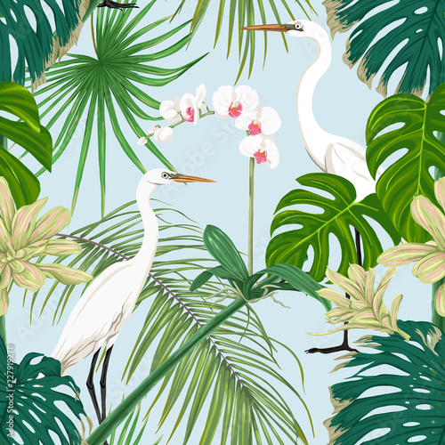 Seamless pattern, background. with tropical plants and flowers.