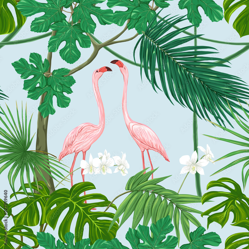 Fototapeta premium Seamless pattern, background. with tropical plants and flowers.