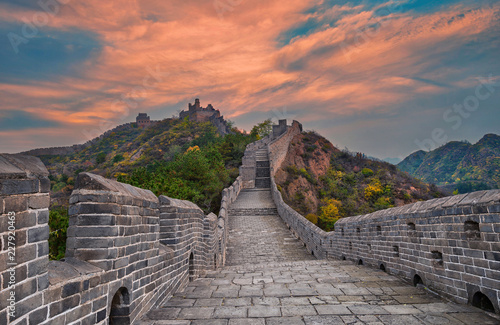 View of Great wall of China near Beijing during sunset