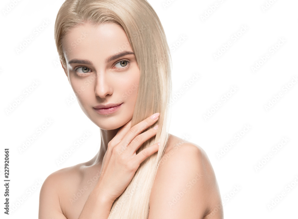 Beautiful blonde girl portrait, woman face with perfect long hairstyle.