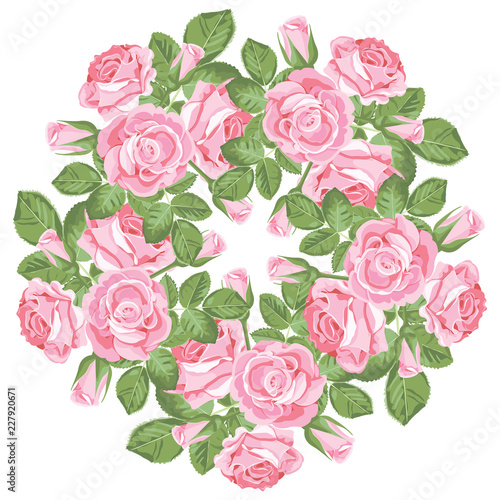 Floral round pattern on white background. Realistic pink roses © marymo_art