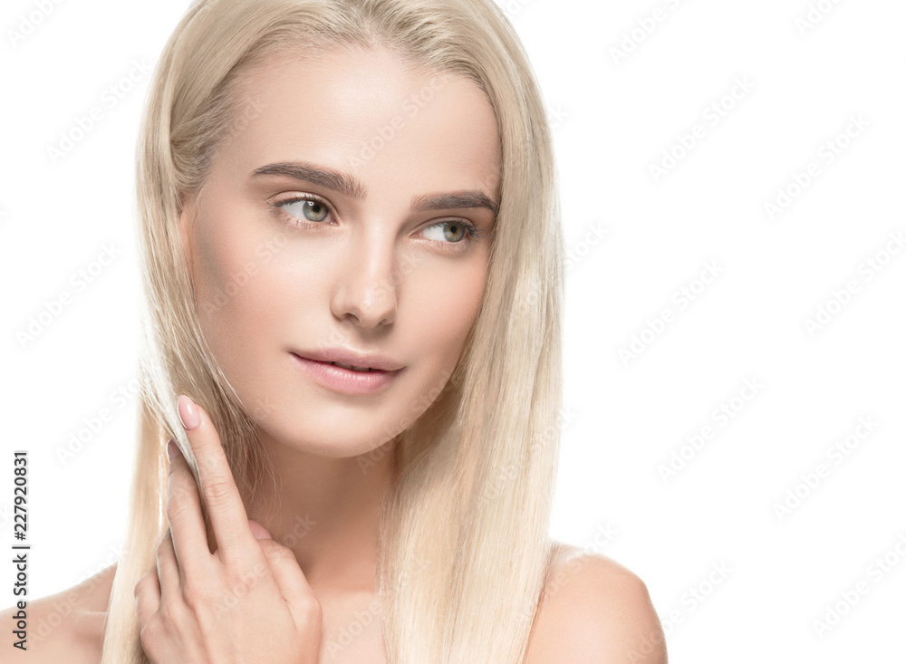 Fototapeta premium Beautiful blonde girl portrait, woman face with perfect long hairstyle.