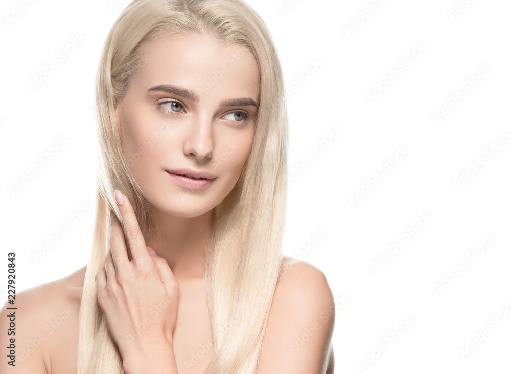 Beautiful blonde girl portrait, woman face with perfect long hairstyle. Beautiful blonde girl portrait, woman face with perfect long hairstyle.