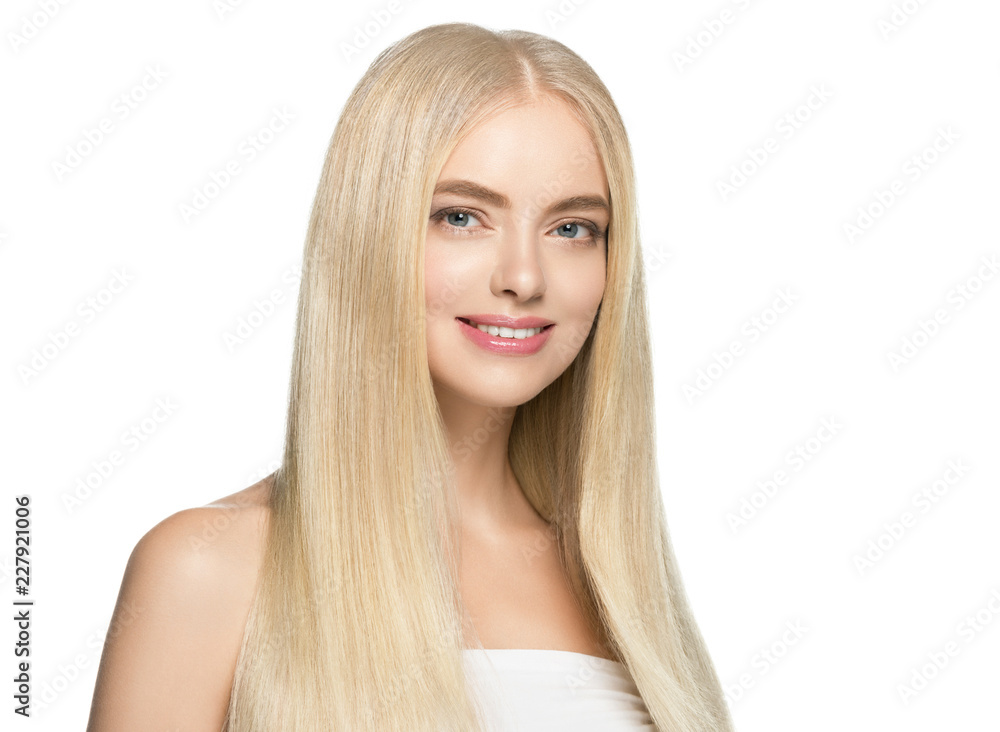 Beautiful blonde woman smooth long hair portrait, female face with perfect long hairstyle. Beautiful blonde woman smooth long hair portrait, female face with perfect long hairstyle.