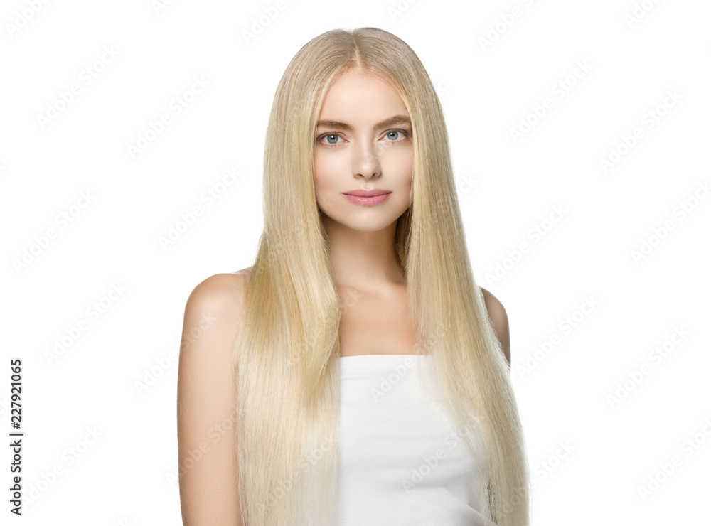 Beautiful blonde woman smooth long hair portrait, female face with perfect long hairstyle. Beautiful blonde woman smooth long hair portrait, female face with perfect long hairstyle.