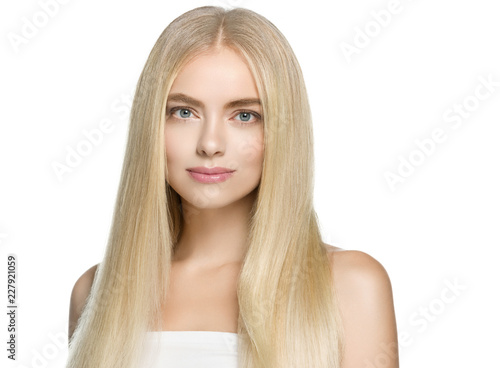 Beautiful blonde woman smooth long hair portrait, female face with perfect long hairstyle.