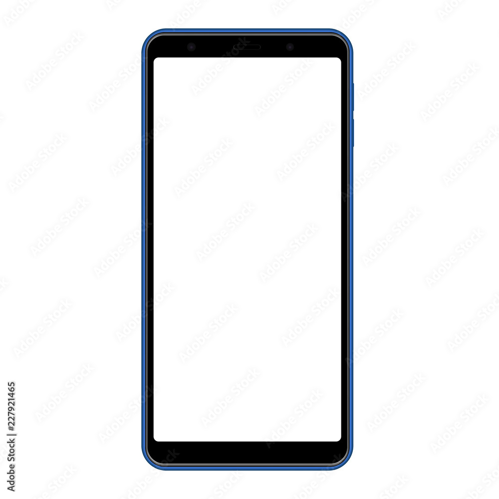 Frameless сellphone blue mockup with blank screen - front view. Vector illustration Frameless сellphone blue mockup with blank screen - front view. Vector illustration