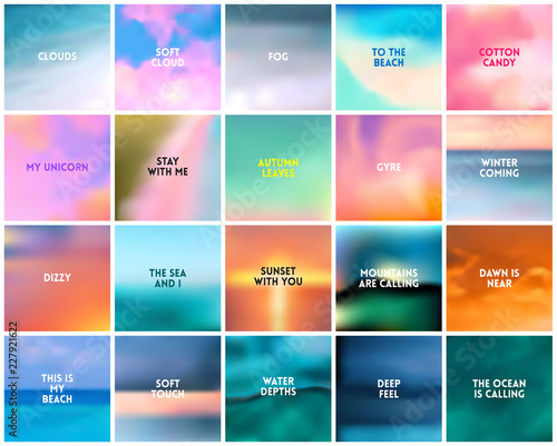 BIG set of 20 square blurred nature backgrounds. With various quotes. Sunset and sunrise sea blurred background