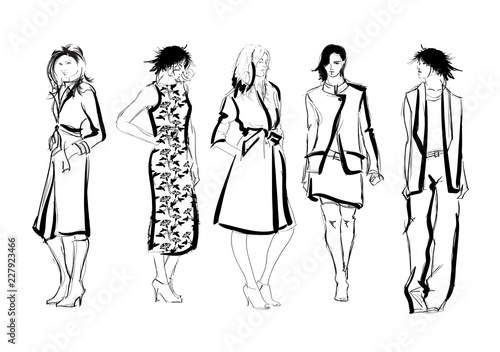 Sketch. Fashion Girls on a white background. Vector illustration