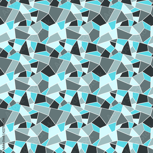 Seamles vitrage (stained-glass) pattern in cold colors of blue and grey, outlined polygonal ornamets with white outline, background with winter cold feel