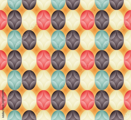 Seamless pattern made of retro colored oval (ellipse) abstract geometry shapes with inner starts in vintage colors of light blue, red, yellow and brown on orange background, Easter egg imitation
