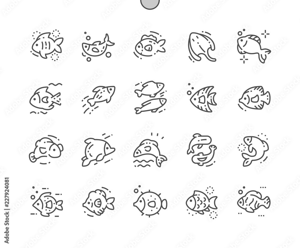 Different fish Well-crafted Pixel Perfect Vector Thin Line Icons 30 2x Grid for Web Graphics and Apps. Simple Minimal Pictogram