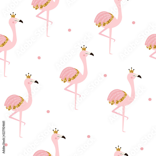 Pink flamingo princess seamless pattern. Childish cute print. Vector hand drawn illustration.