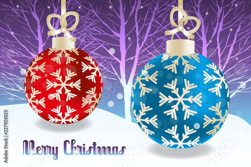 Retro Christmas baubles on snowy landscape with snowflakes and stars