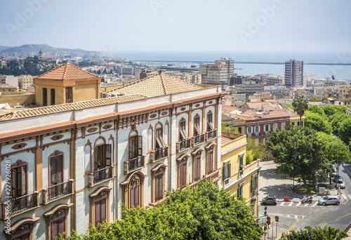historical Valdes palace seen from above and in the background the city of Cagliari. Palazzo Valdés is an important icon of the architectural landscape of Cagliari.