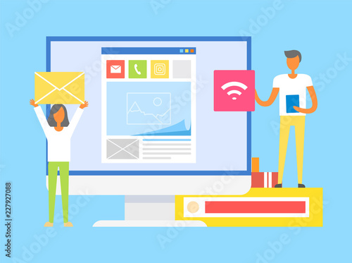 Computer and Books People Vector Illustration