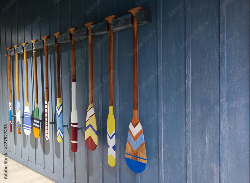 Wooden canoe Boat paddles with different color and shape of blades