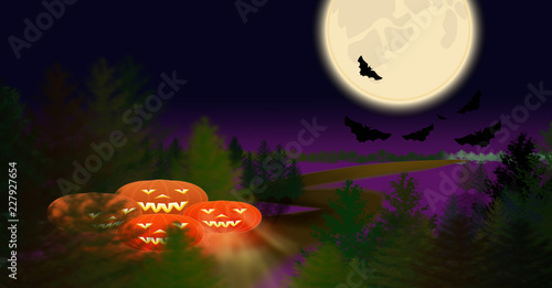 Wallpaper Mural Happy Halloween lettering on creepy old cemetery with cool blue moonlight and a glowing Jack o lantern Torontodigital.ca