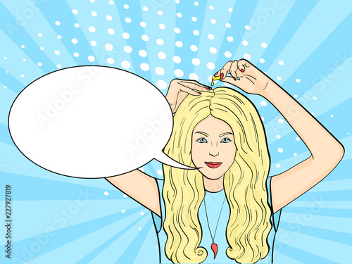 Pop art background. The girl uses capsules to nourish and strengthen the hair, scalp and nails. Vector text bubble