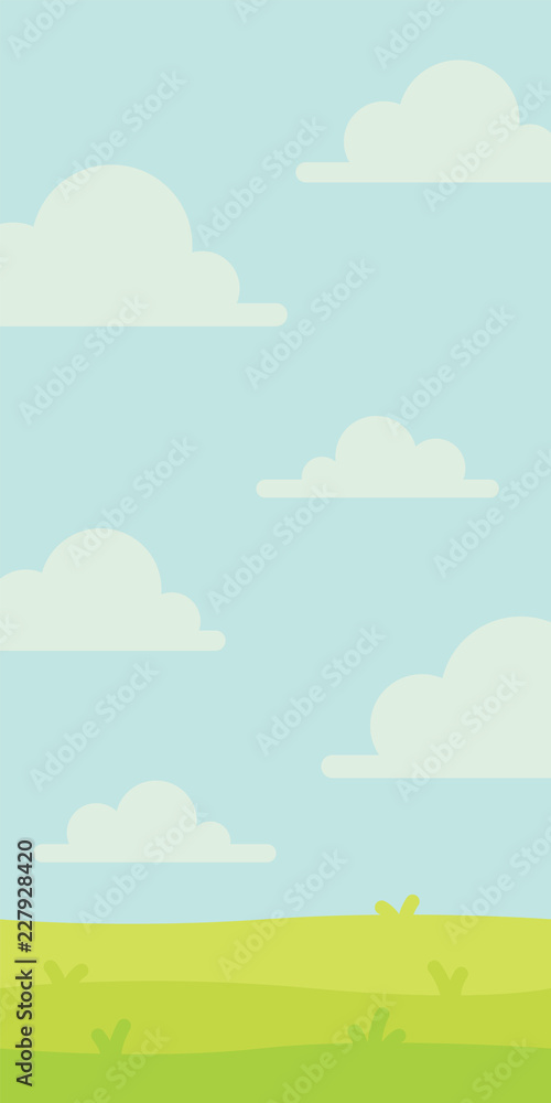 Bright nature landscape with sky, hills and grass. Rural scenery. Field and meadow. Vector illustration in simple minimalistic flat style. Scene for your artwork and design. Vertical composition. Bright nature landscape with sky, hills and grass. Rural scenery. Field and meadow. Vector illustration in simple minimalistic flat style. Scene for your artwork and design. Vertical composition.