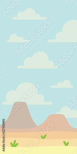 Soft nature landscape with blue sky, desert, volcanoes or mountains, some grass. Empty space. Nobody. Vector illustration in simple minimalistic flat style. Scene for artwork, design. Vertical.