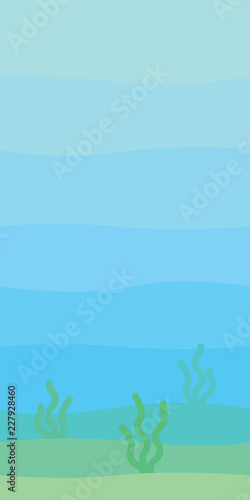 Soft underwater landscape with waves, seabed and seaweed. Undersea scenery. Vector illustration in simple minimalistic flat style. Scene for your artwork and design. Vertical composition.