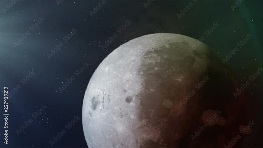 Rotation of the Red Planet in space. Sun illuminates the moon. Stars twinkle in outer fog. Rotation of the Red Planet in space. Sun illuminates the moon. Stars twinkle in outer fog.