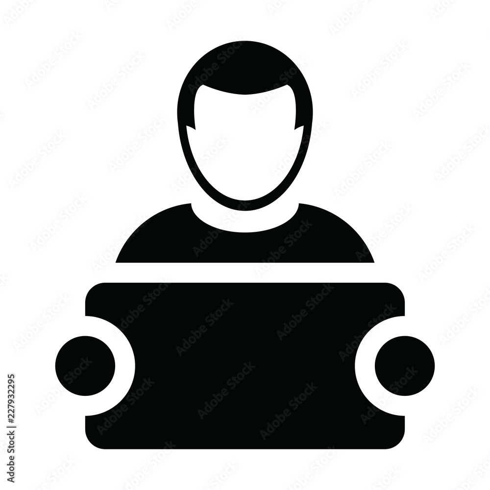 Fototapeta premium Communication icon vector male person profile avatar symbol with signboard for advertising campaign in glyph pictogram illustration