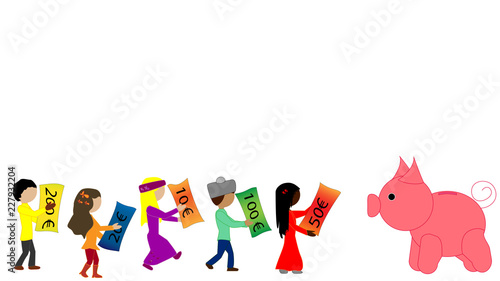 Kinder tragen Geldscheine zu großem Sparschwein