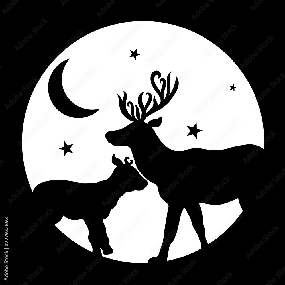 Deer, small and big, moon and stars in a round frame Deer, small and big, moon and stars in a round frame