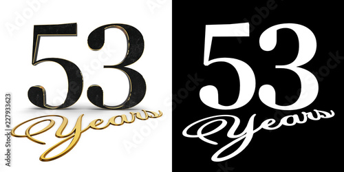 Golden number fifty three (number 53) and the inscription years with drop shadow and alpha channel. 3D illustration