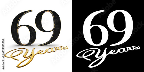 Golden number sixty nine (number 69) and the inscription years with drop shadow and alpha channel. 3D illustration